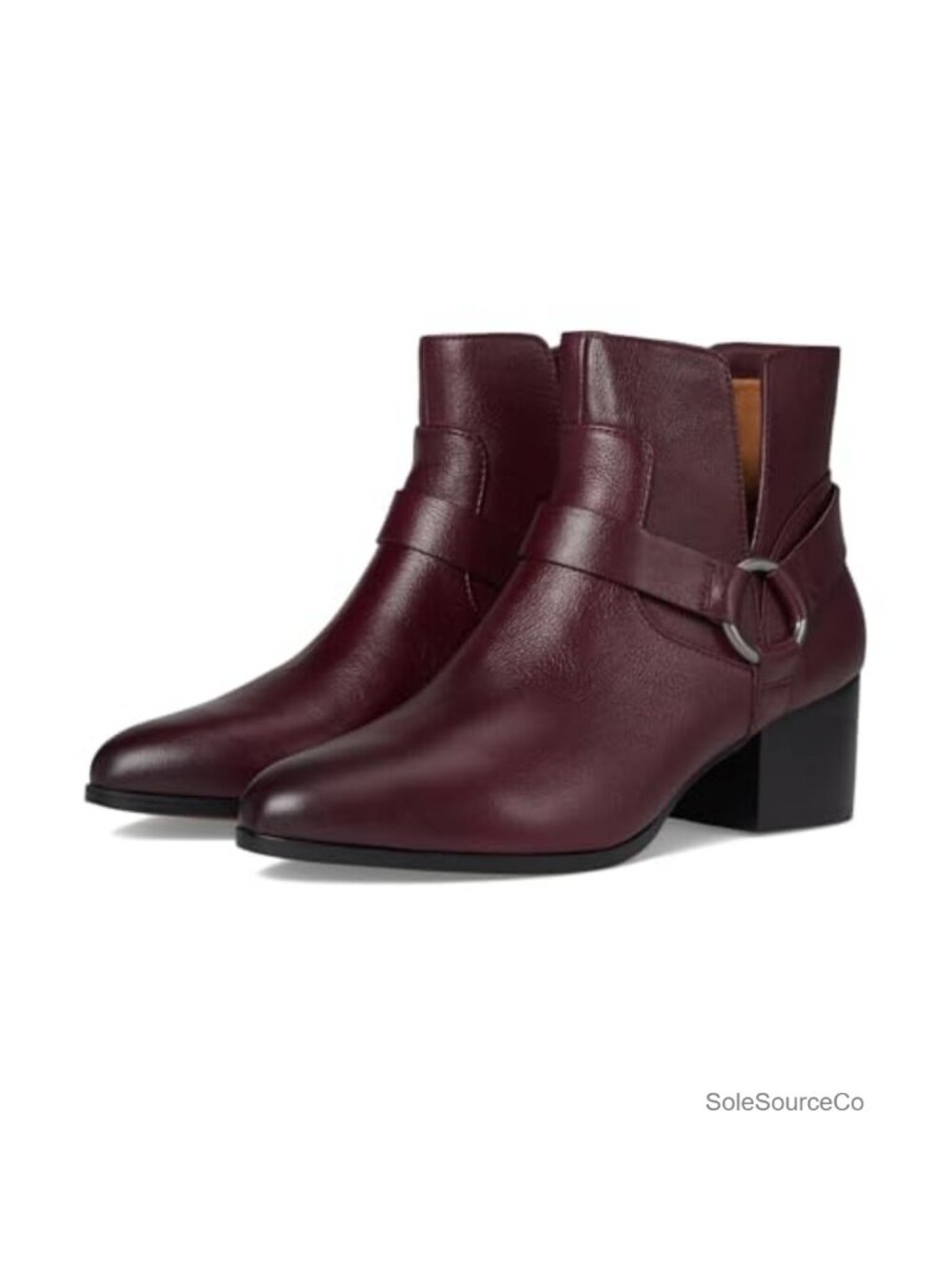 Leather Ankle Bootie with Buckle Detail, Block Heel, Pointed Toe, Zip Closure